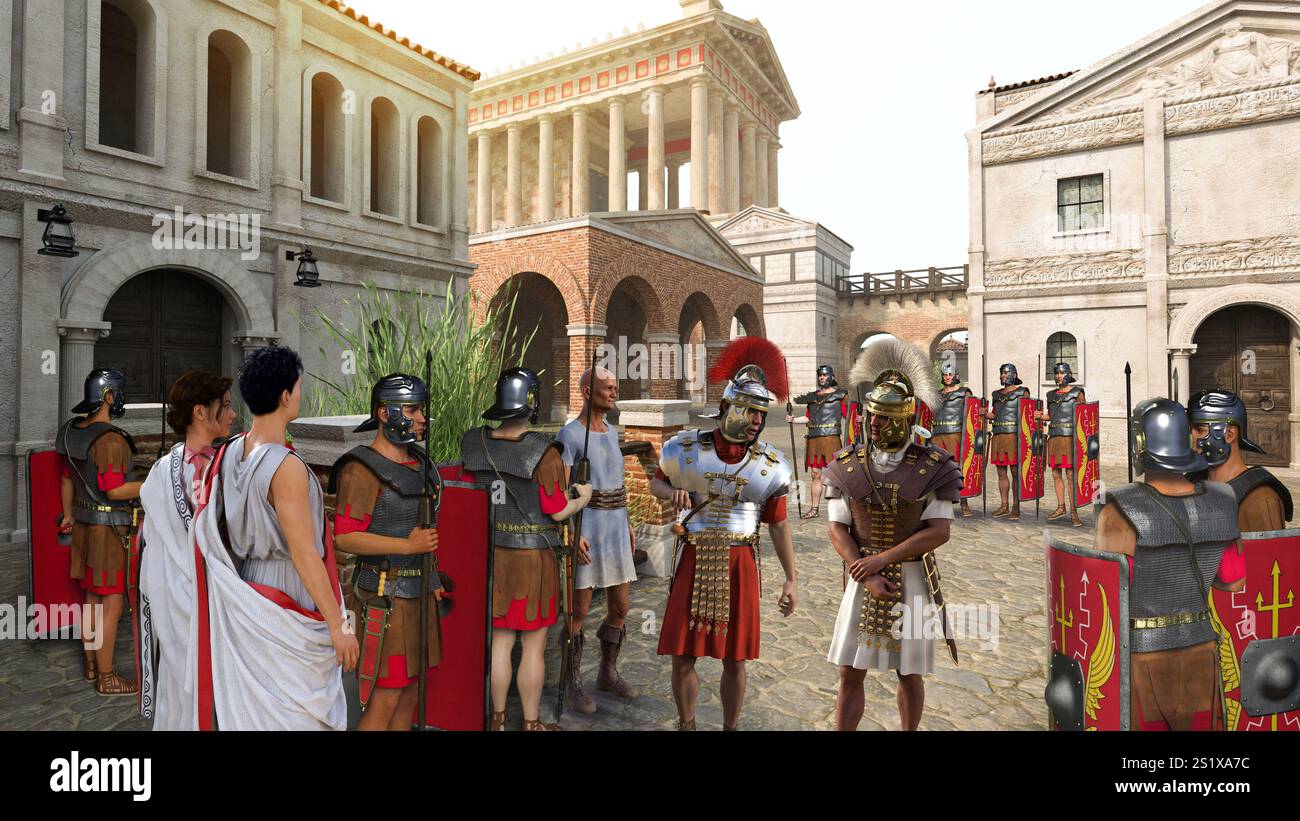 Roman soldiers preparing a parade in the Empire capital of Rome, 3d render. Stock Photo