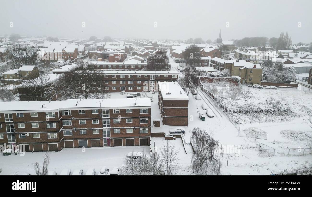 Leeds, UK. 5th January 2025. UK Weather Aerial view of heavy snowfall