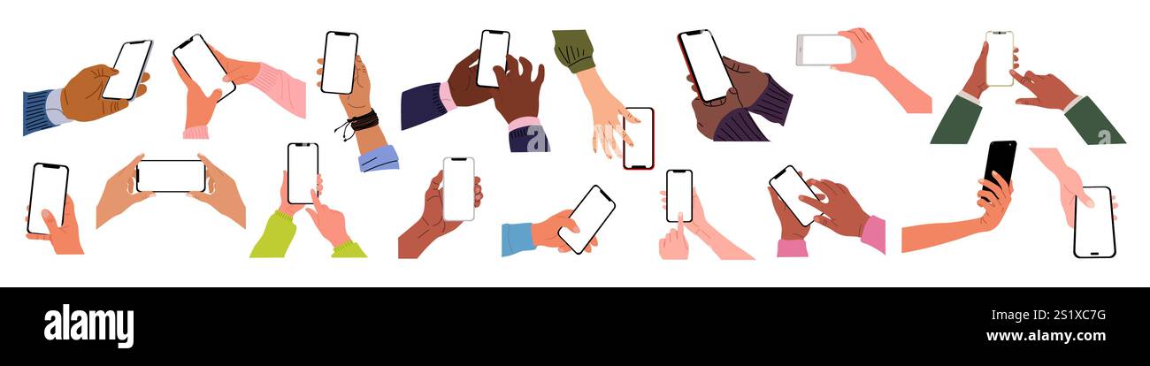 Different Hands holding mobile phones vector set. Stock Vector
