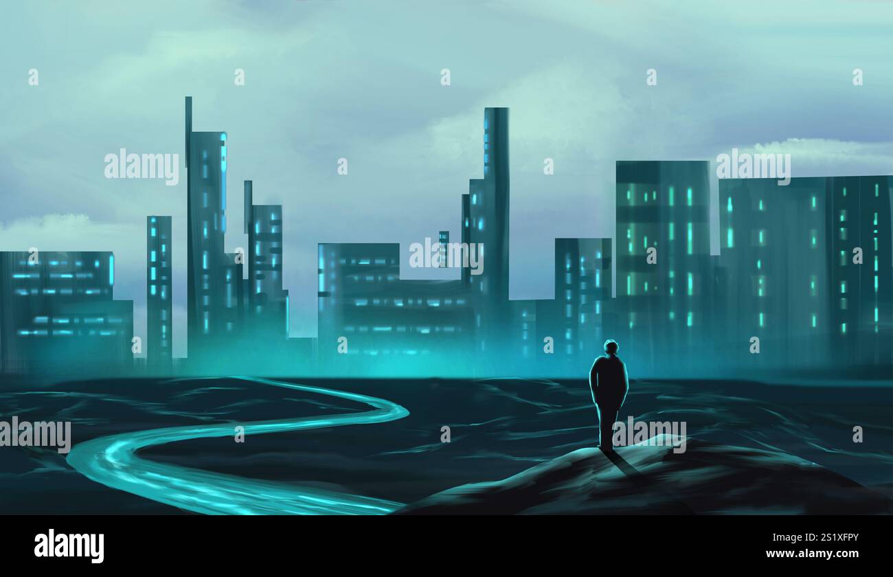 Man standing on hill looking to futuristic city with river and sky ...