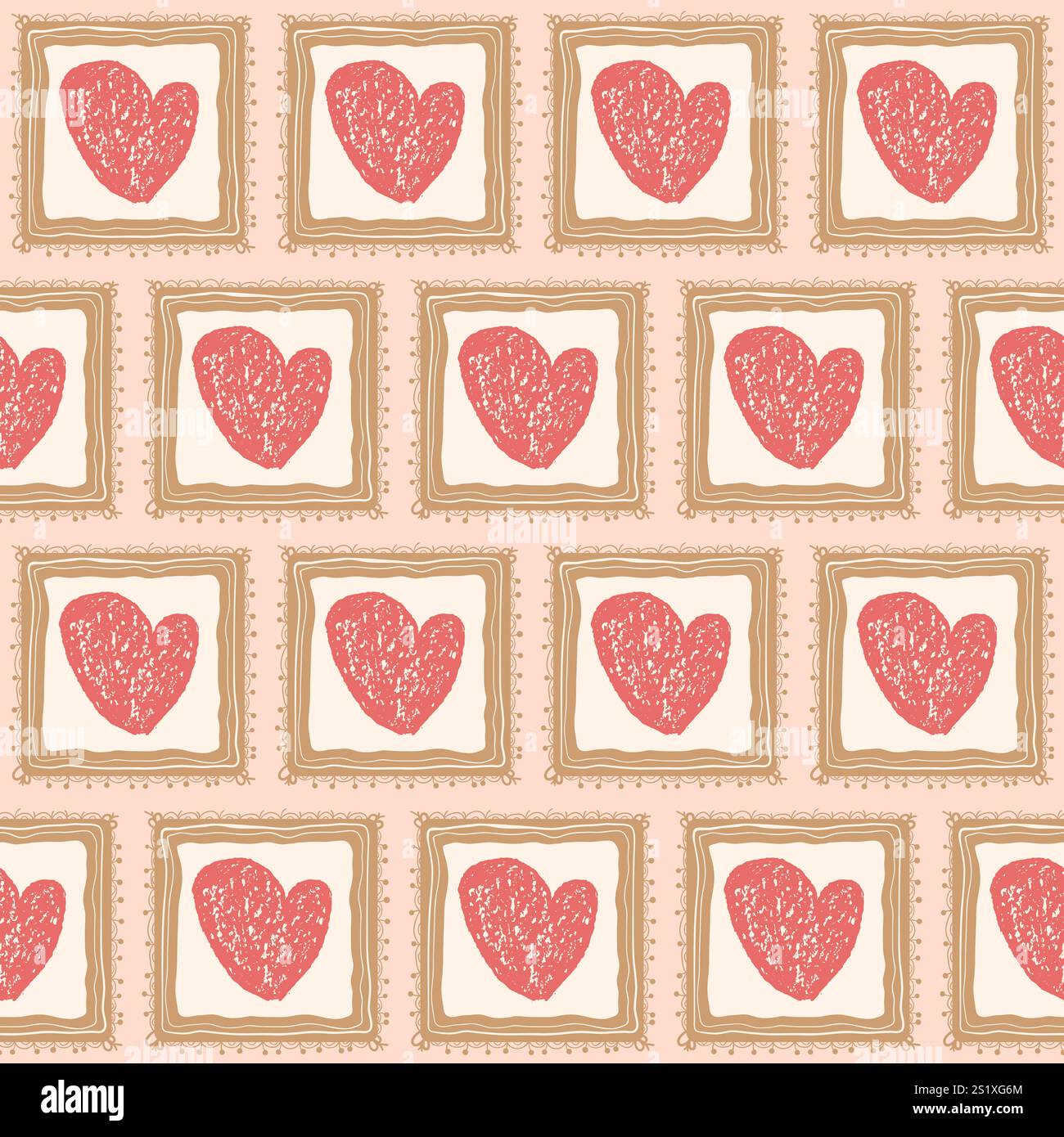 Hearts crayon drawn on square frame seamless pattern. Valentines day retro doodle rectangle borders repeat background. Surface pattern design romantic Stock Vector