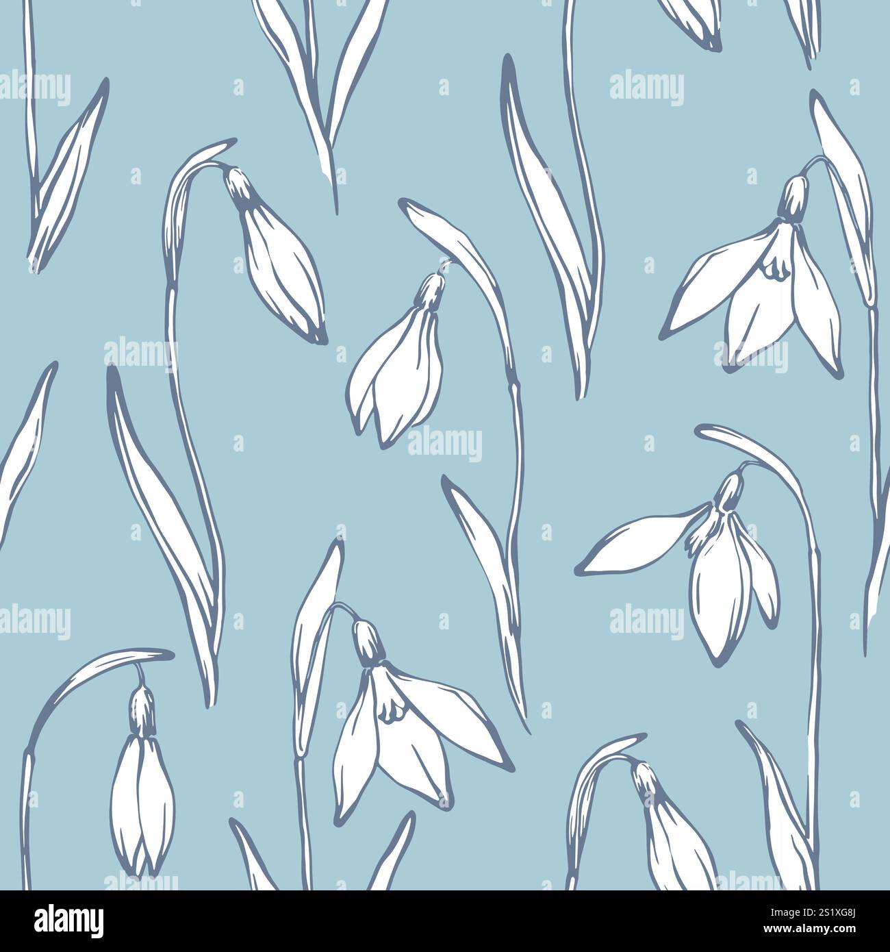 Spring snowdrops seamless pattern. Hand drawn elegant flowers on blue background. Stock Vector