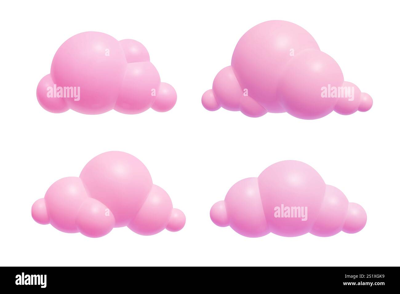 Pink 3D Clouds isolated on white background set cartoon plastic romantic design elements collection Stock Vector