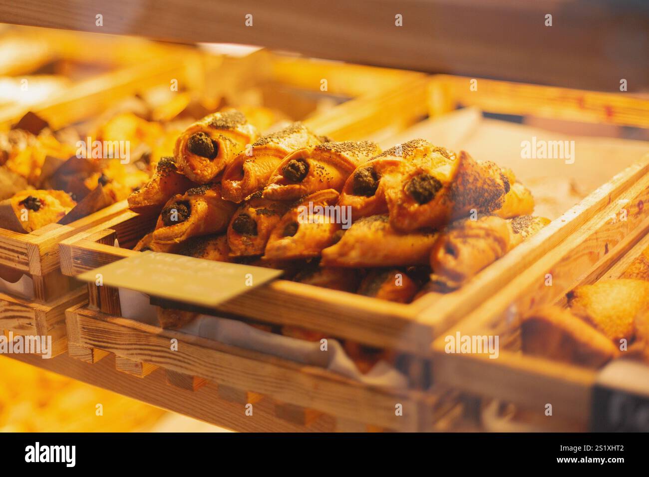 Baked goods on display in a store Stock Photo