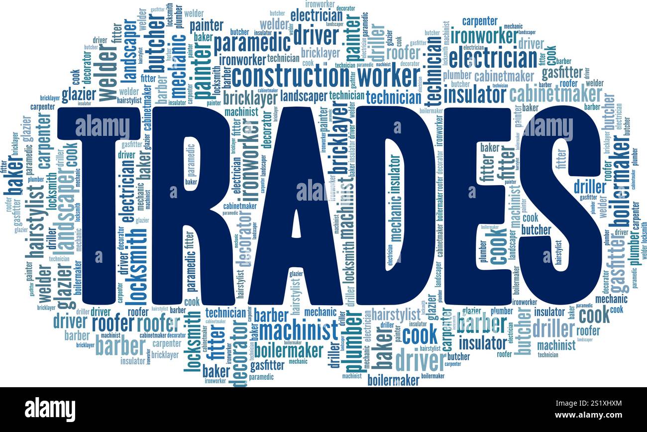 Trades word cloud conceptual design isolated on white background. Stock Vector
