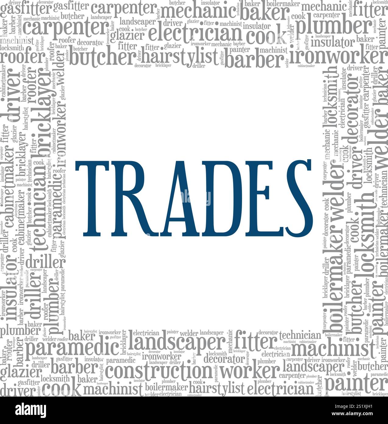 Trades word cloud conceptual design isolated on white background Stock ...