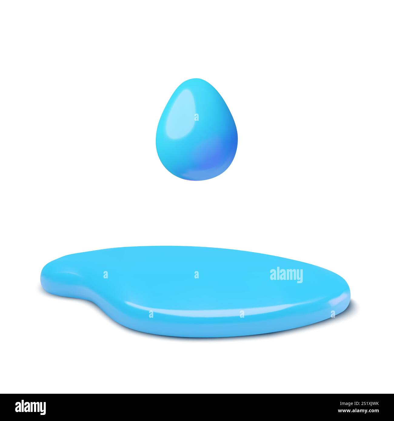 3D water drop and spill. Blue puddle with dripping liquid. Three ...