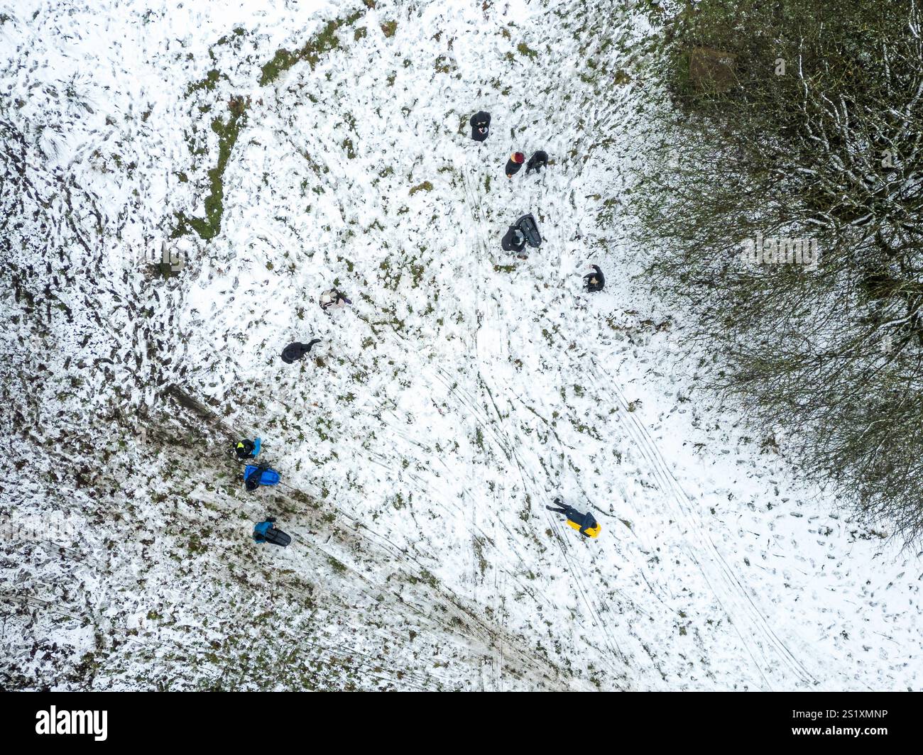 Bolton, UK. 19th January 2025. Residents in Bolton, Lanacshire, awoke to several inches snow covering the town this morning. Fun seekers took advantage of the icy conditions to get the sledges out as well as going for a winter walk through Moses Gate Country Park. Credit: Paul Heyes/Alamy Live News Stock Photo