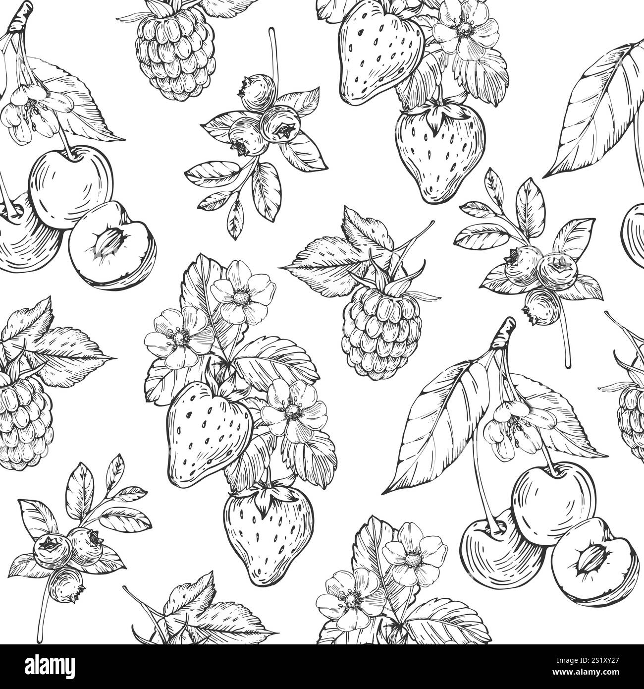 Berries vector seamless pattern hand drawn in ink. Strawberry, cherry, raspberry and blueberry Stock Vector