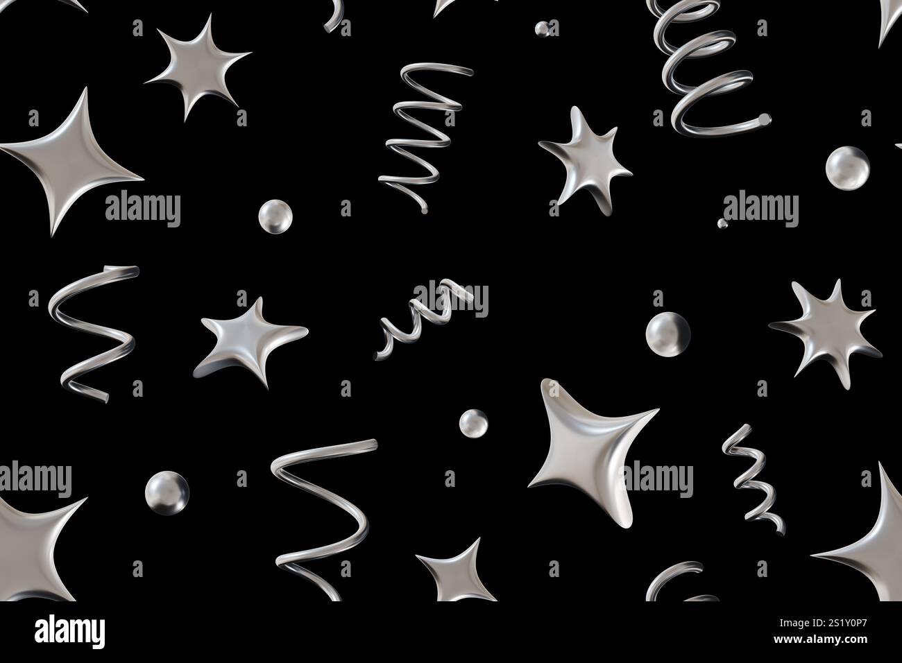 Seamless pattern with chrome 3D abstract shapes including stars, spirals, and spheres on black background. Ideal for digital designs, fashion prints Stock Photo