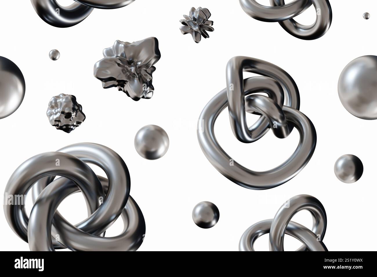 Seamless pattern featuring metallic chrome abstract shapes, including knots, spheres and irregular forms, on white background. Perfect for modern Stock Photo