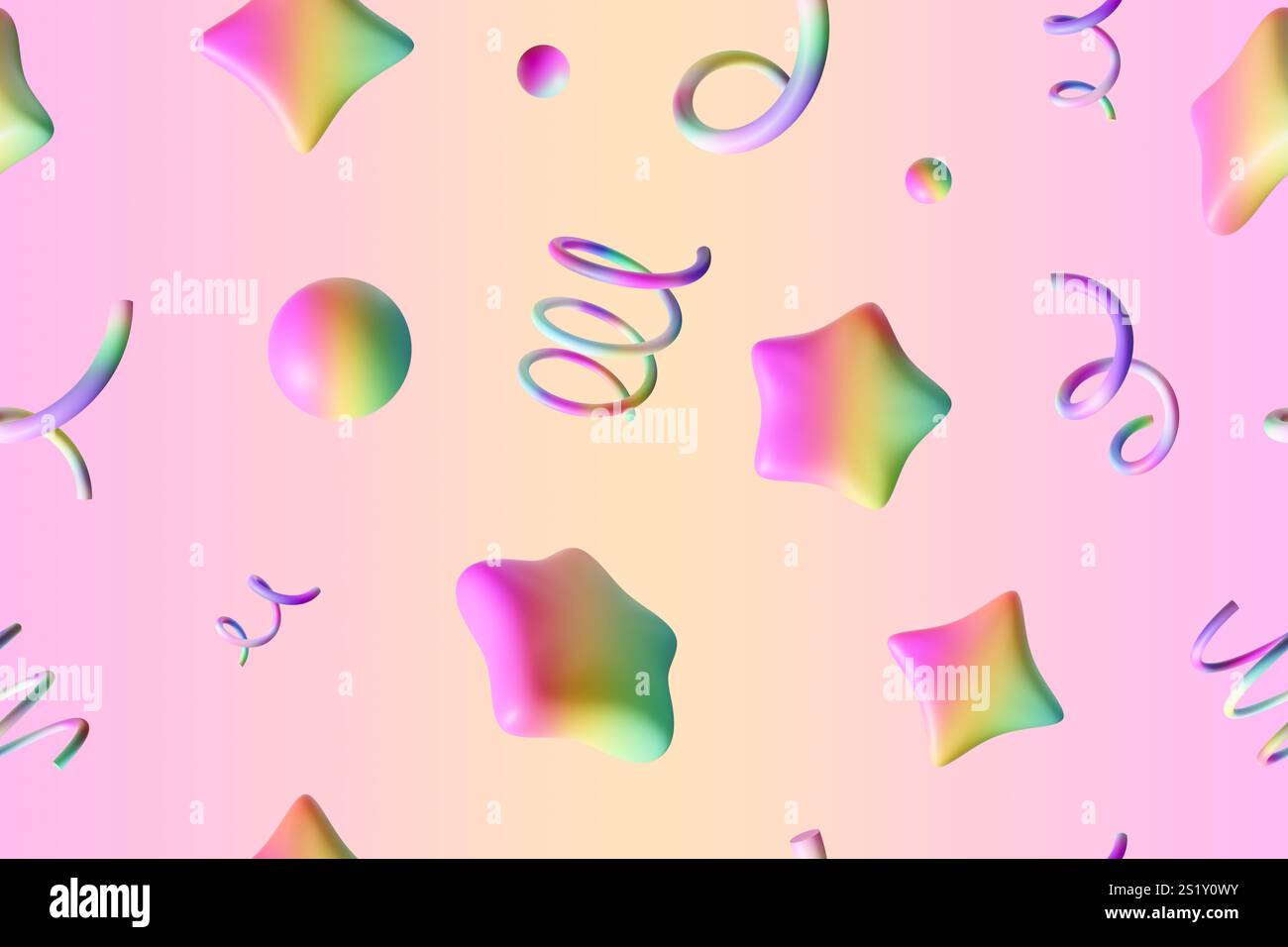 Colorful seamless pattern with soft, gradient 3D shapes including spheres, stars, confetti on pastel background. Ideal for presents wrapping paper Stock Photo