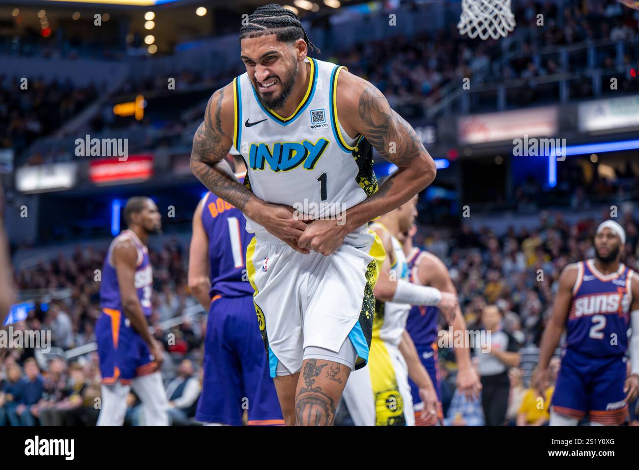 Indiana Pacers forward Obi Toppin (1) reacts after an apparent injury
