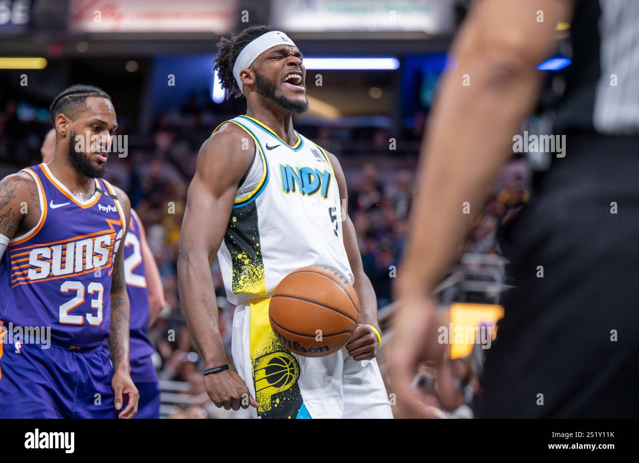 Indiana Pacers forward Jarace Walker (5) reacts after scoring during an