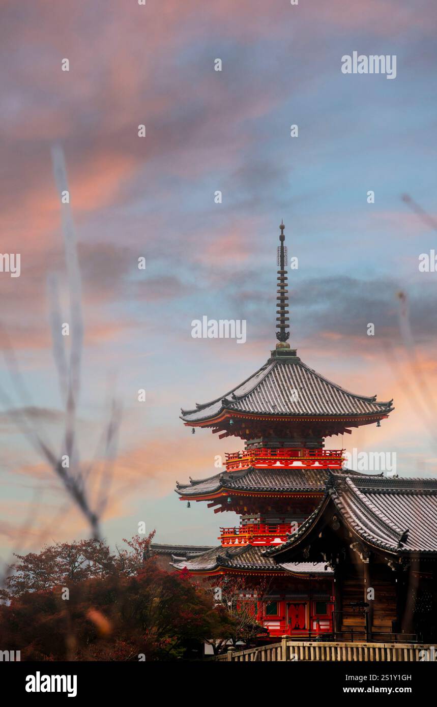 The main pagoda of the Kiyomizu-dera temple complex emerging from the ...