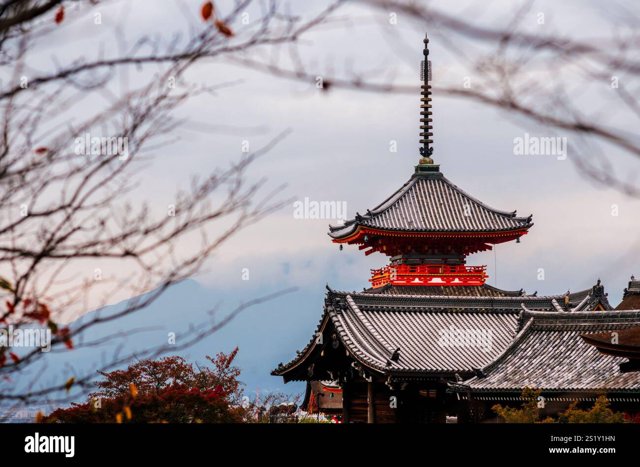 The main pagoda of the Kiyomizu-dera temple complex emerging from the ...