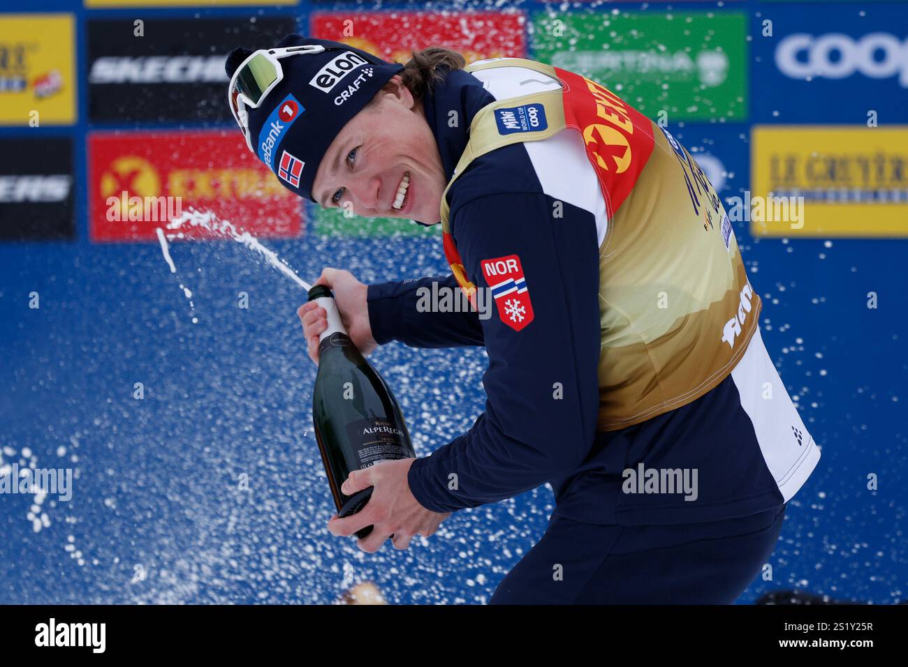Tour de Ski winner Norway's Johannes Høsflot Klæbo, celebrates after