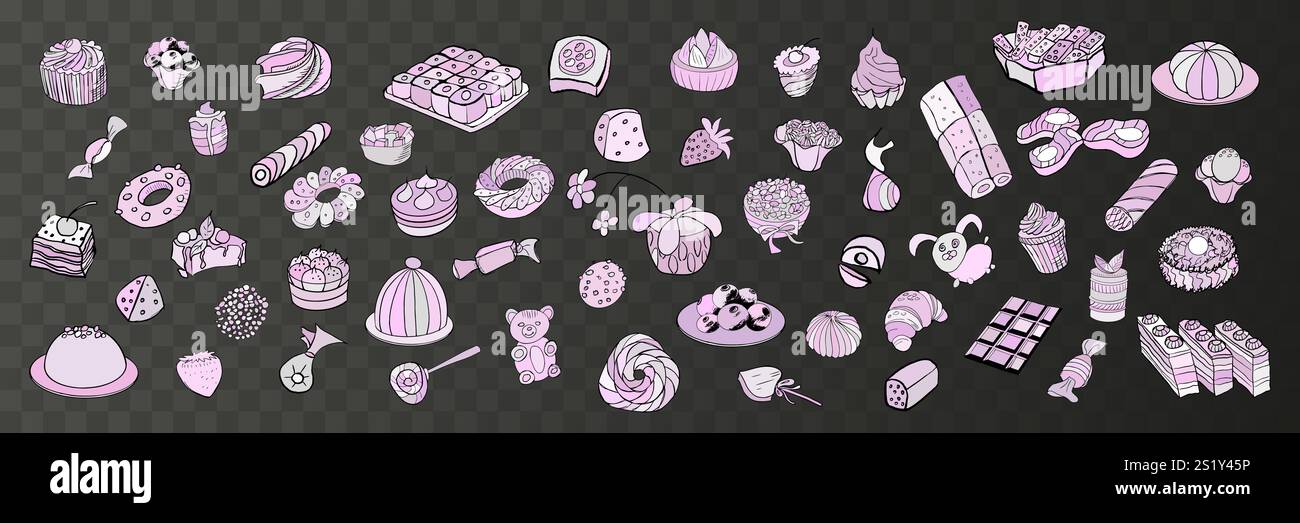 Vector big set of different desserts in solid pastel colors. Stock Vector