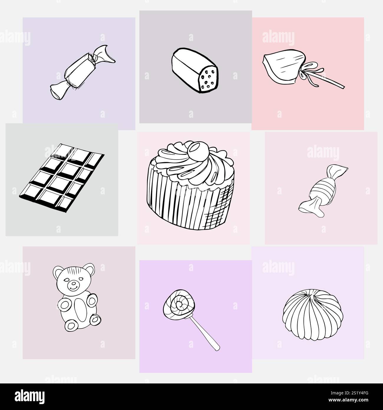 Dessert composition on multi-colored squares. Stock Vector