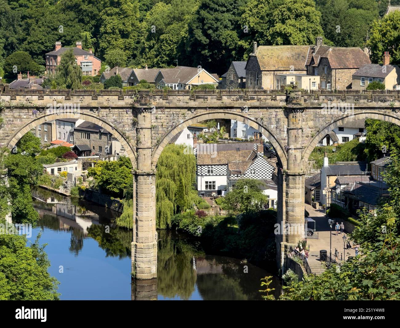 Close up aerial view of railway viaduct and River Nidd, Knaresborough, North Yorkshire, Englan - Smartphone Captured Stock Image