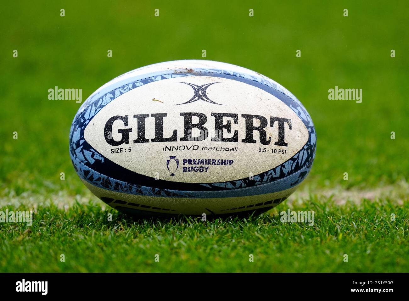 A close up of a Premiership Rugby match ball on the pitch ahead of the ...