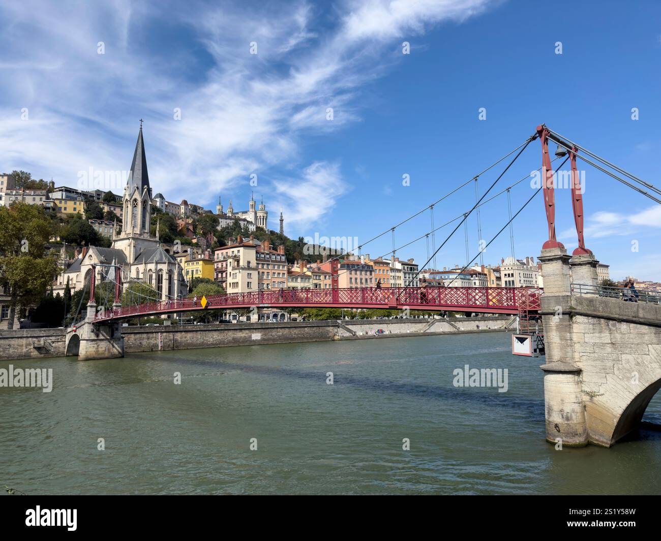 Saint George Church of Lyon, pedestrian passerelle over the river Saone, Lyon, France. - Smartphone Captured Stock Image
