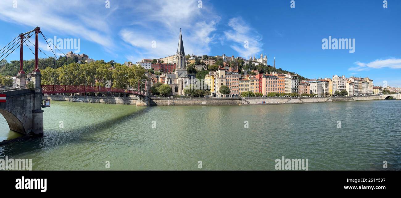 Saint George Church of Lyon, pedestrian passerelle over the river Saone, Lyon, France. - Smartphone Captured Stock Image