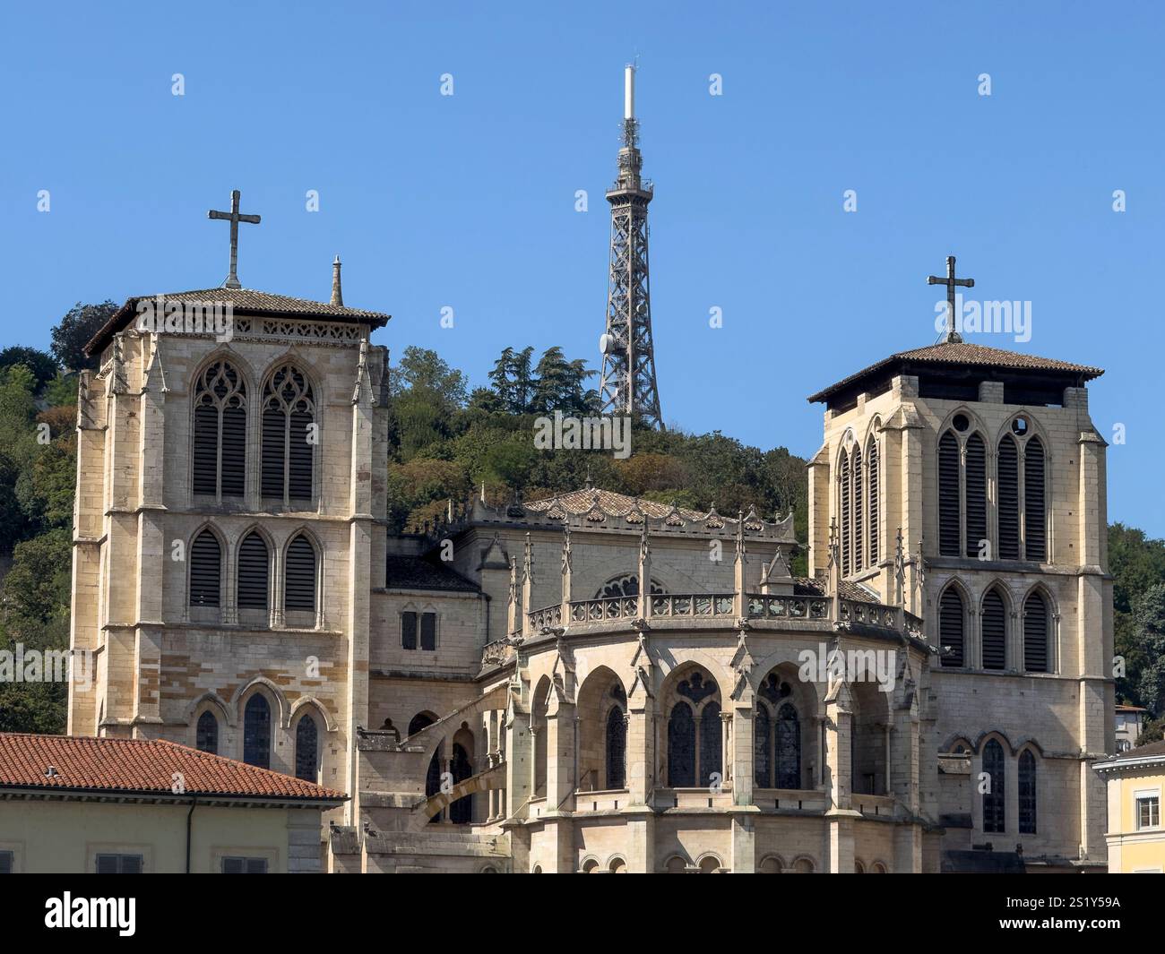 Lyon cathedral and  Fourviere metal tower, Small Eiffel Tower, Lyon, Rhone-Alpes, France - Smartphone Captured Stock Image