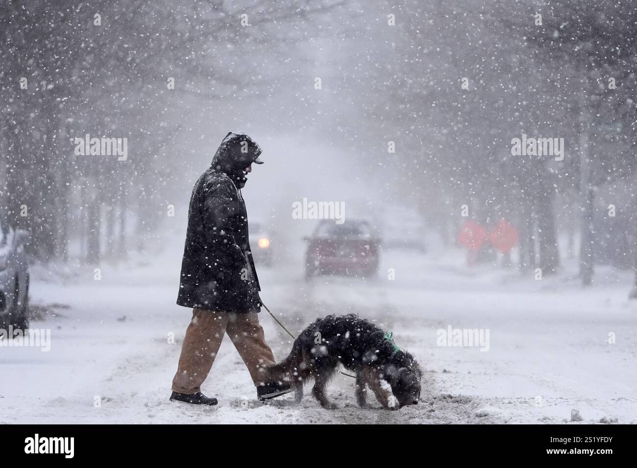 Enrique Davila crosses the street with his dog, Chula, as heavy snow ...