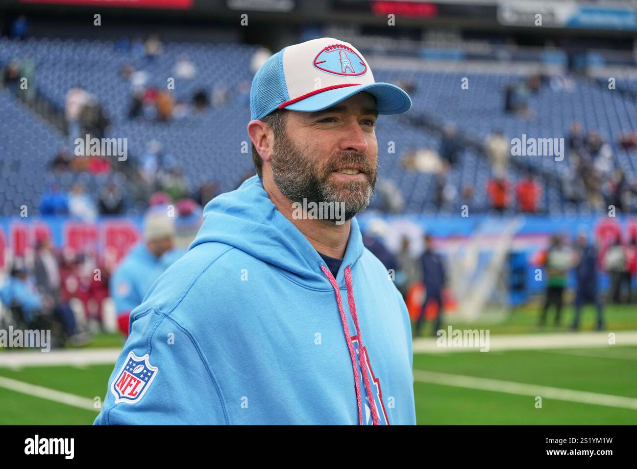 Tennessee Titans coach Brian Callahan watches warmups before an NFL
