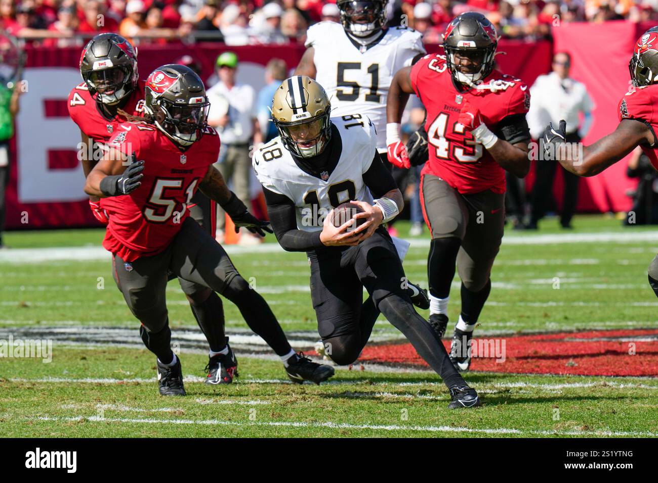 New Orleans Saints Quarterback Spencer Rattler (18) Carries Past Tampa 