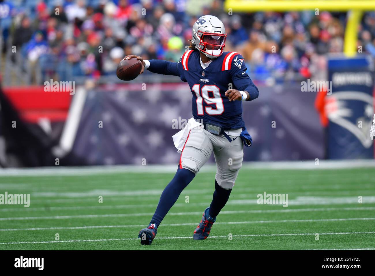 New England Patriots quarterback Joe Milton III (19) during the first half of an NFL football