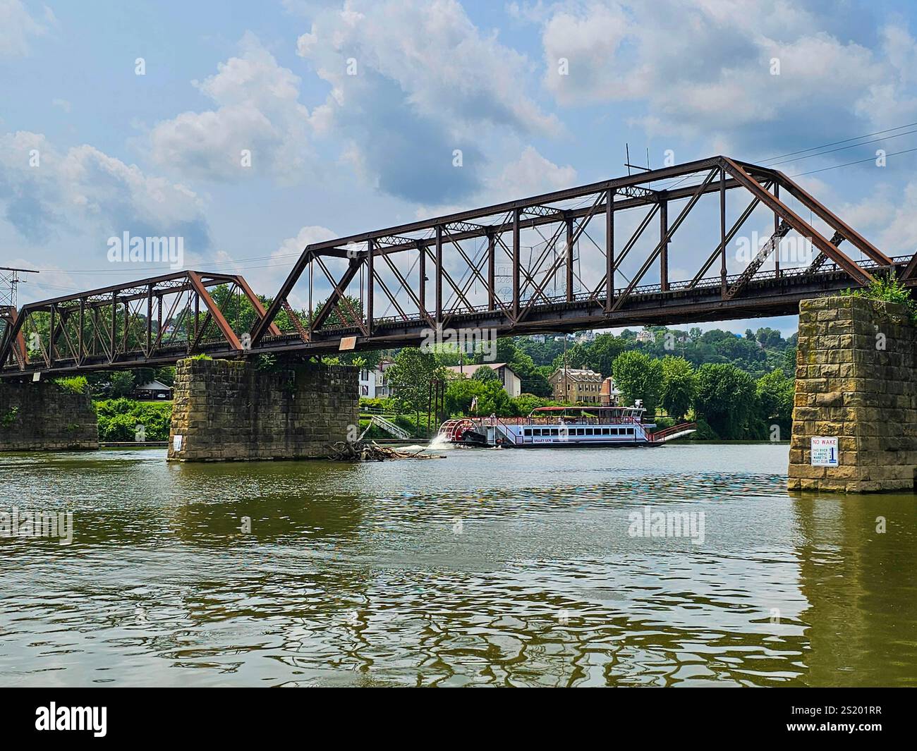 Historic railway bridge and tourist sternwheeler, Marietta, Ohio - Smartphone Captured Stock Image