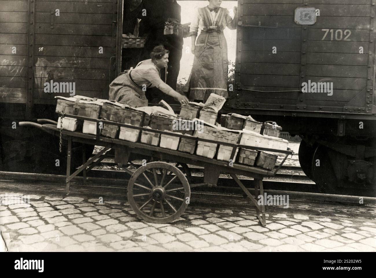 Strawberries are loaded onto a train for transport. Netherlands 1913. Stock Photo