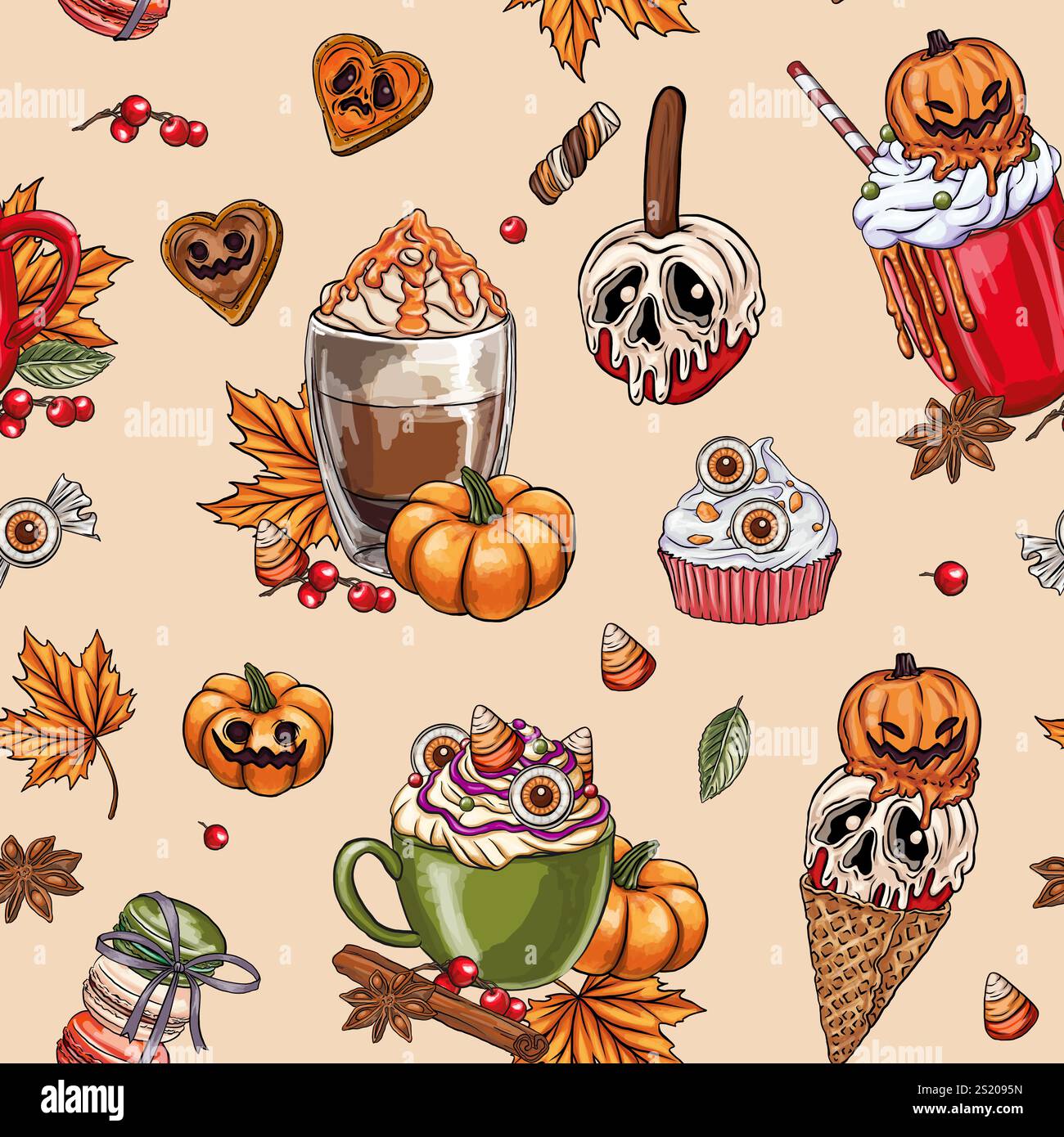Halloween coffee seamless pattern, food, leaves, coffee Vector collection of cute Halloween mugs. Sublimation T shirt Design Stock Vector