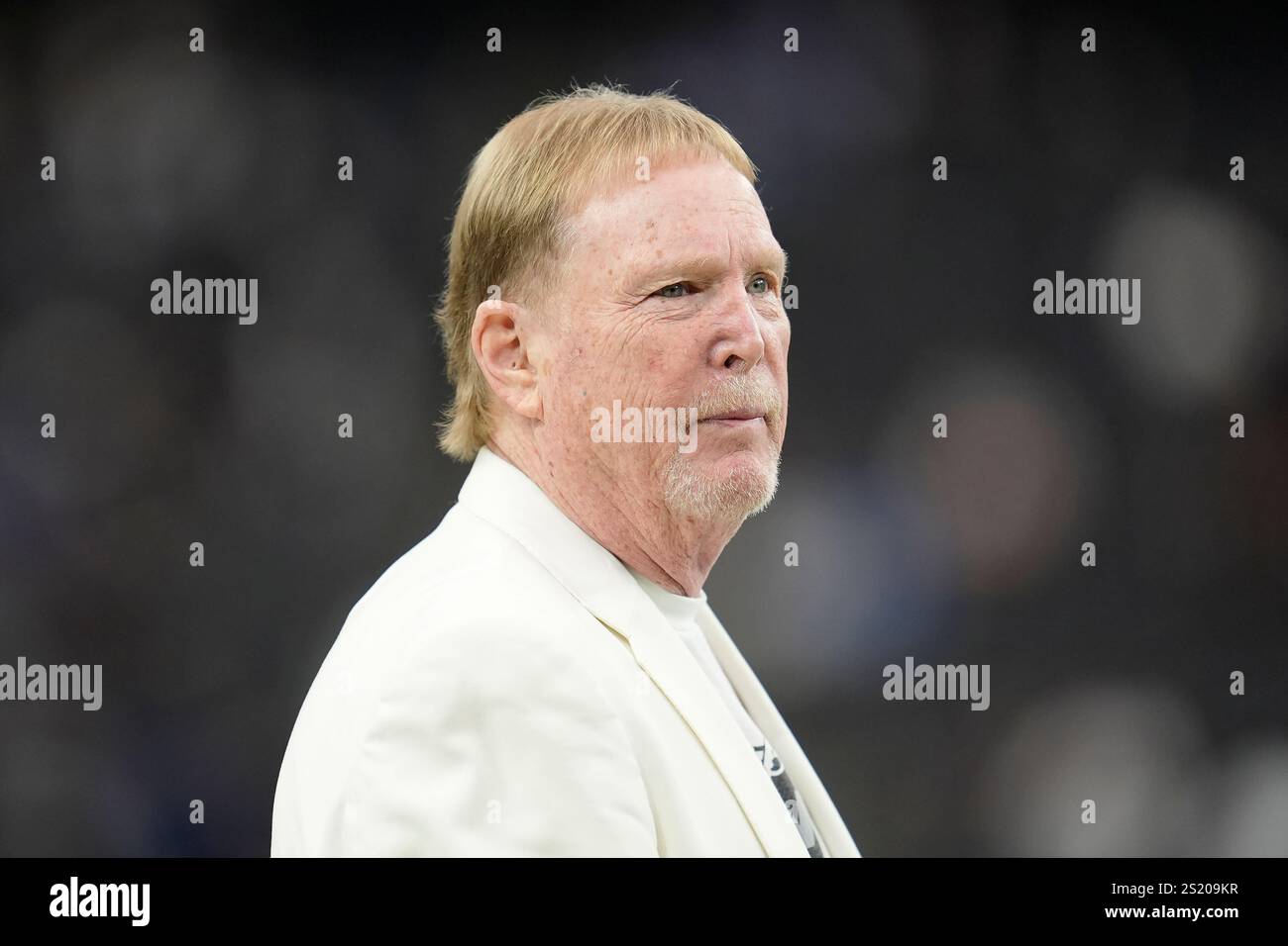 Las Vegas Raiders owner Mark Davis watches players warm up before an