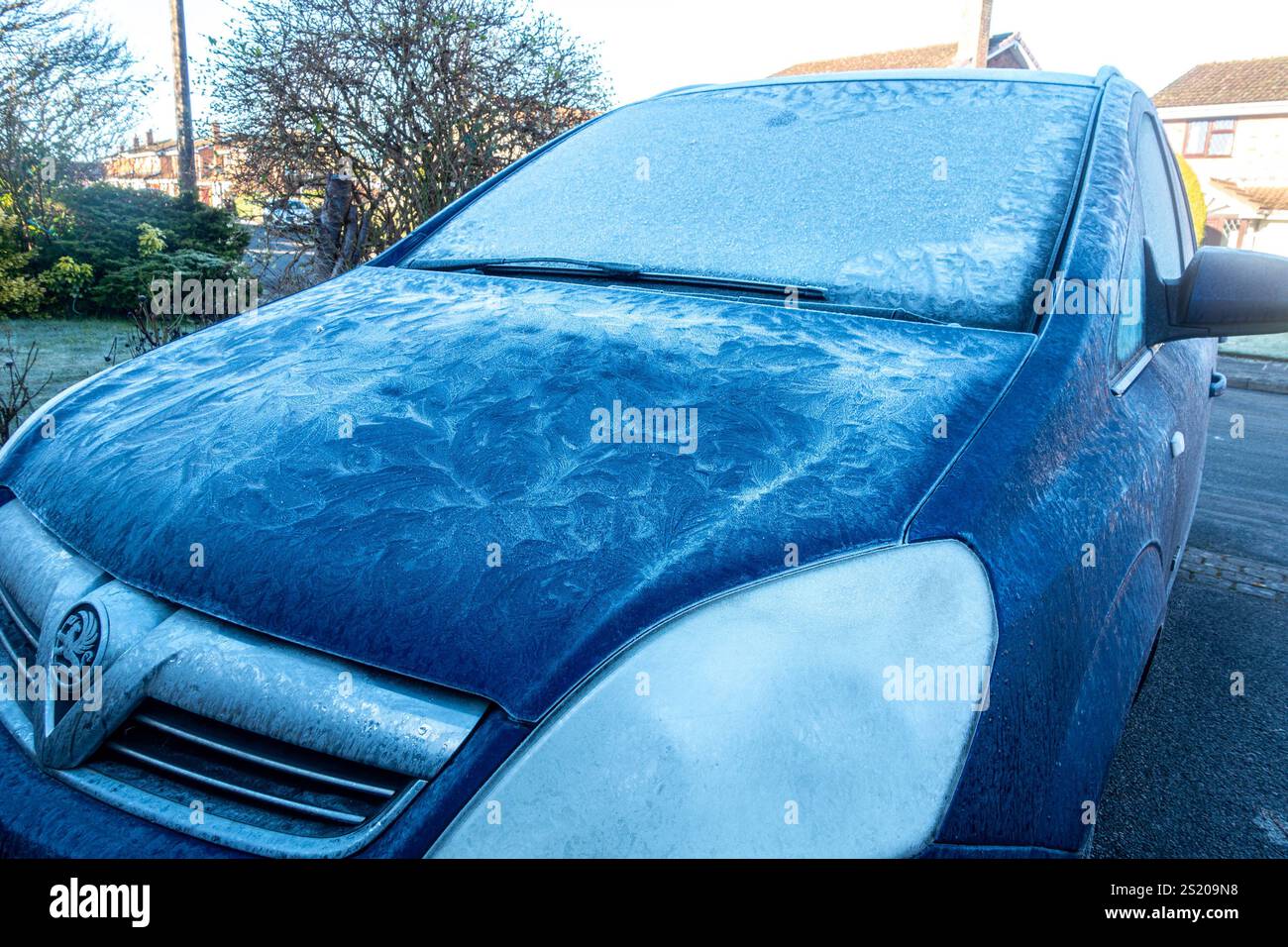 Frost pattern on a car bonnet in winter Stock Photo