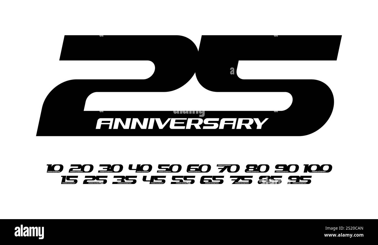 Bold anniversary typography featuring numbers from 10 to 100 in a sleek, racing automotive style. Perfect for corporate branding, milestone Stock Vector