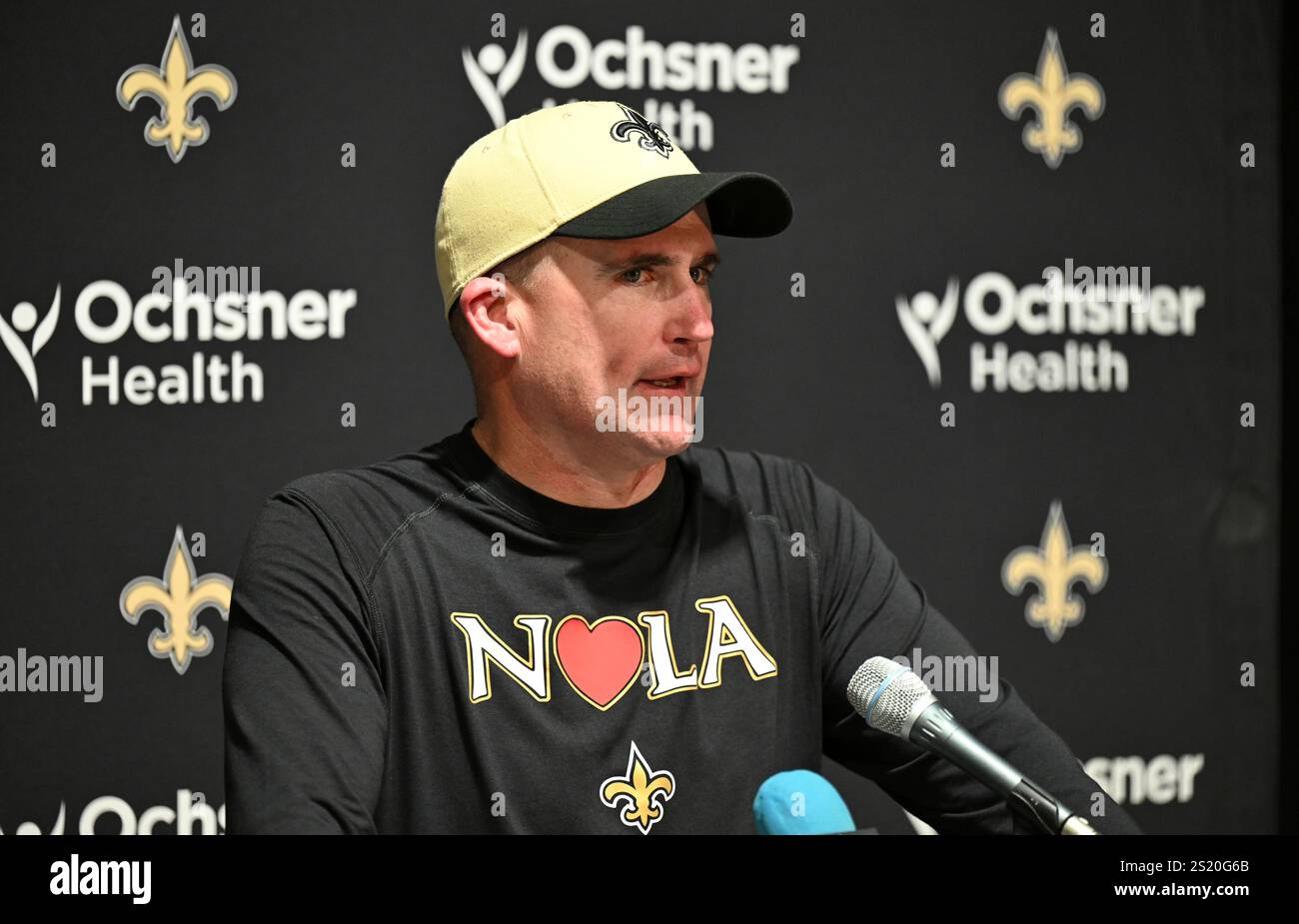 New Orleans Saints interim head coach Darren Rizzi speaks after an NFL