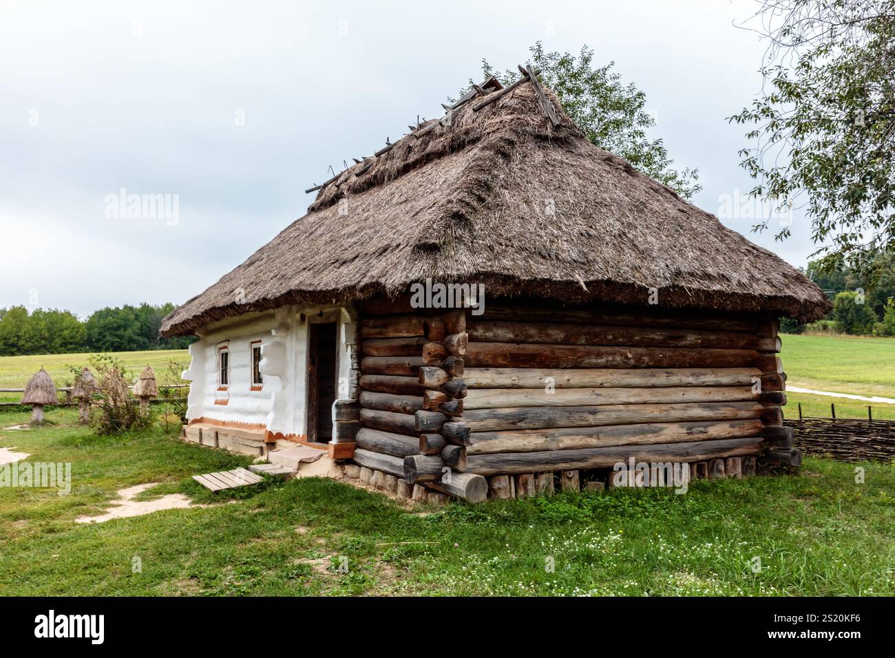 A small, old log cabin with a thatched roof sits in a grassy field. The cabin is surrounded by trees and he is in a rural setting Stock Photo