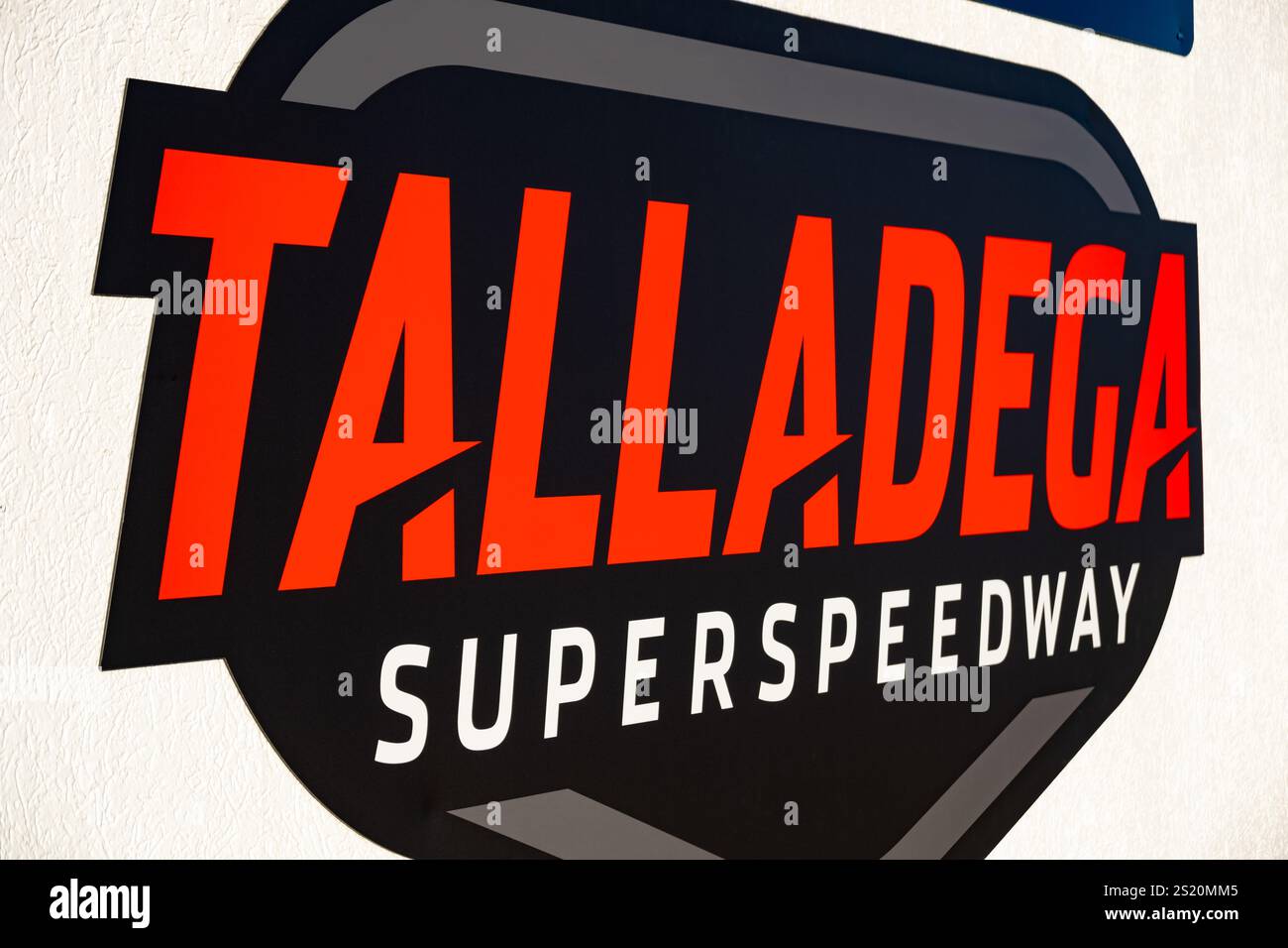 Entrance signage at Talladega Superspeedway, the world's biggest, steepest, and fastest NASCAR Superspeedway, in Lincoln, Alabama. (USA) Stock Photo