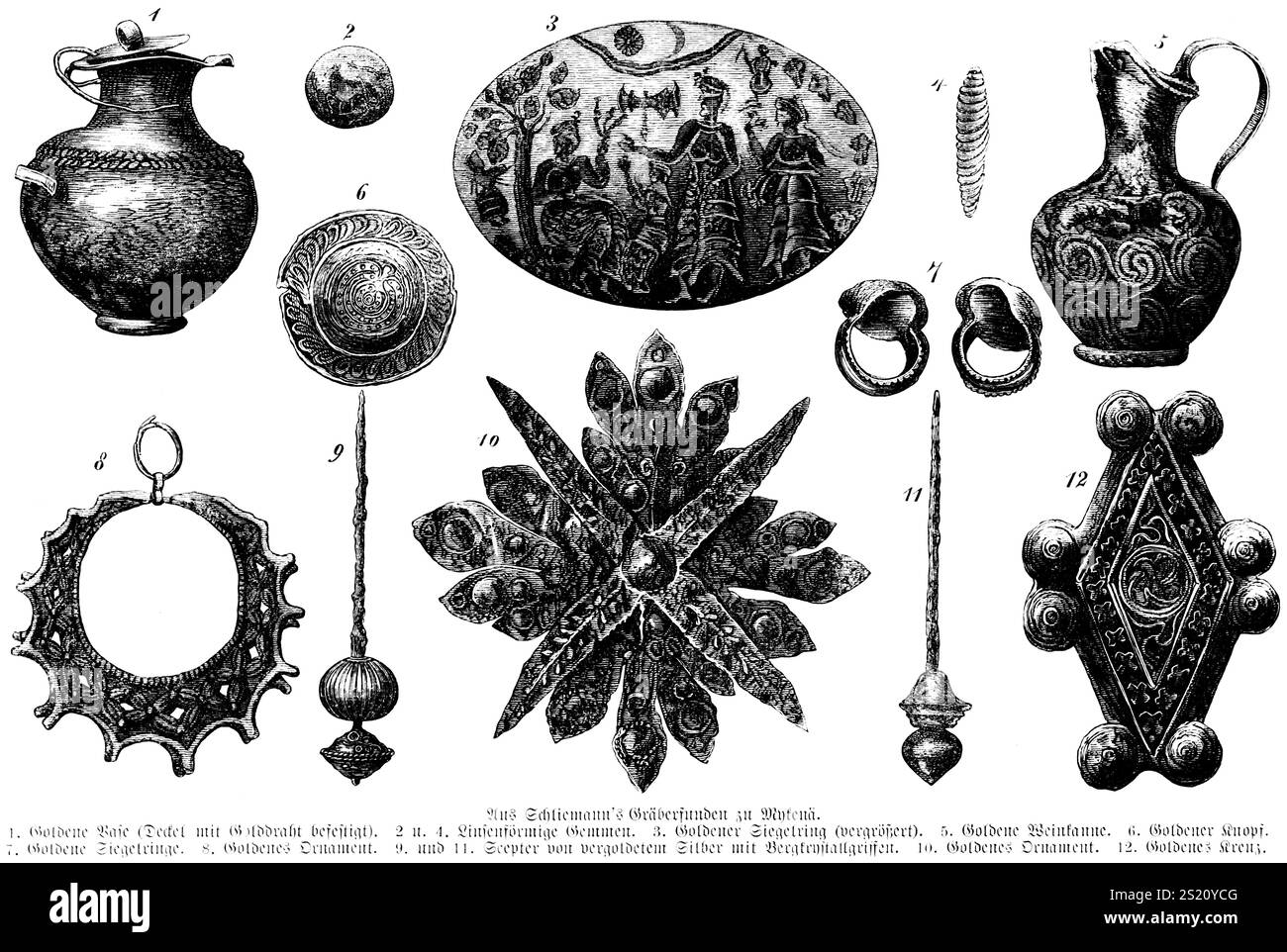 Parts of Heinrich Schliemann's grave finds in Mycenae or Mycenae, vases, precious stones or gems, golden signet ring, wine jug, golden button, sceptre Stock Photo