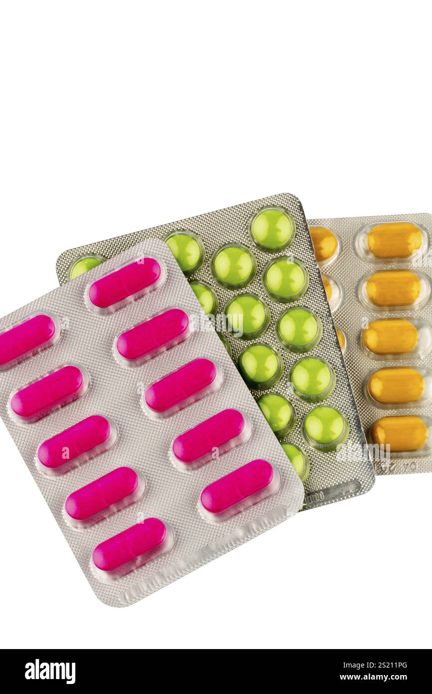 Colourful tablets in blister packaging, symbolic photo for Heilmittel und Gesundheitswesen Austria Stock Photo