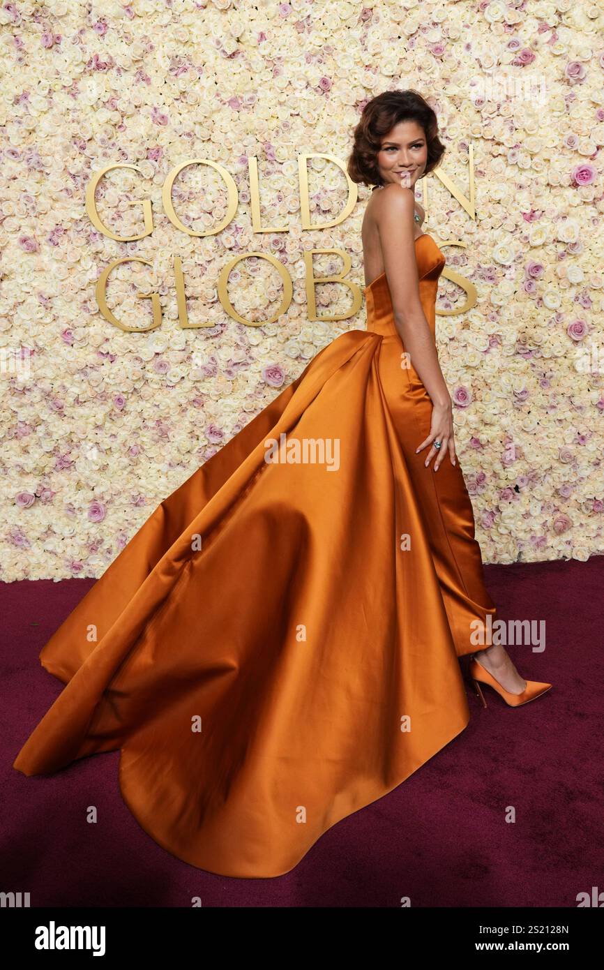 Zendaya arrives at the 82nd Golden Globes on Sunday, Jan. 5, 2025, at