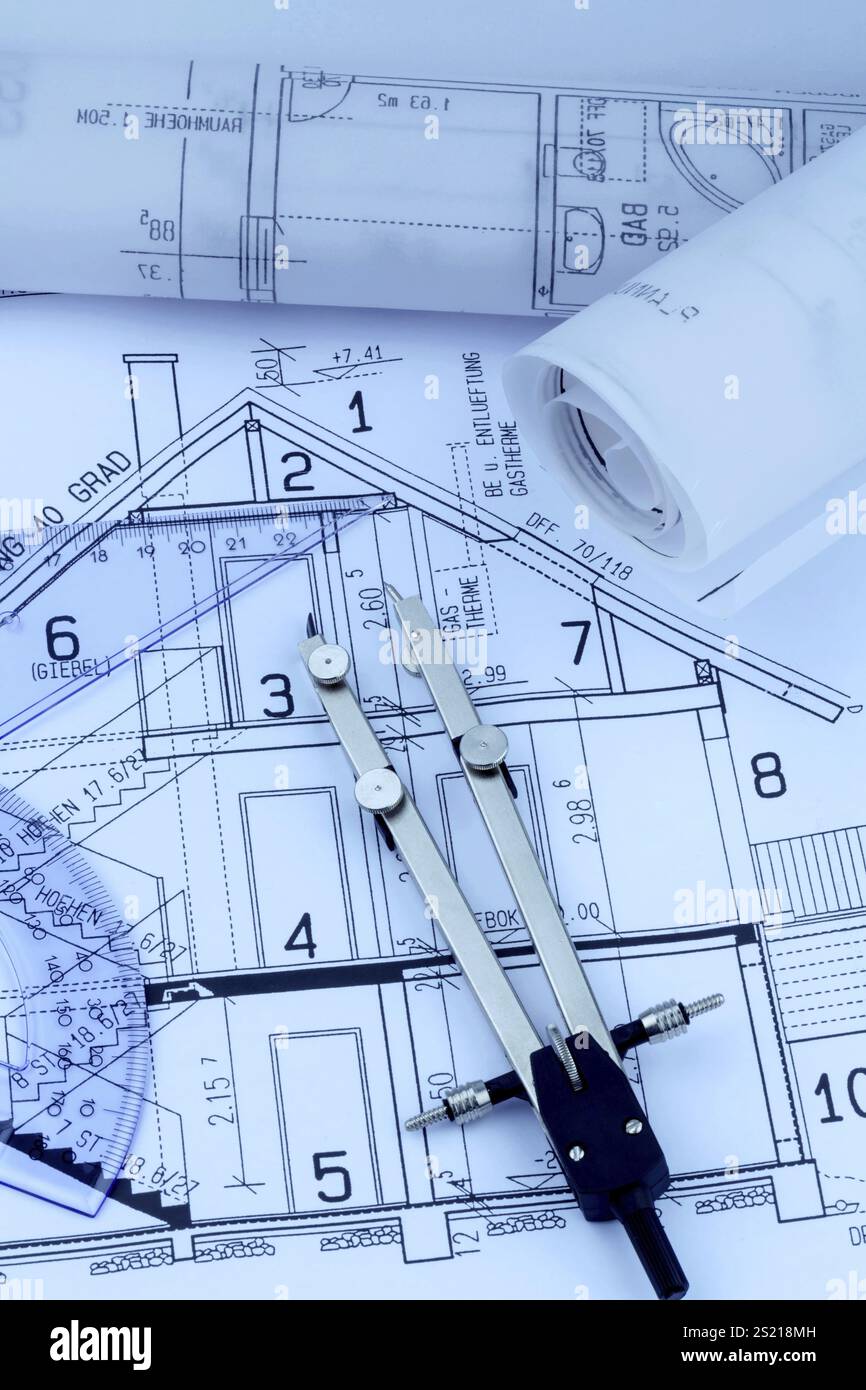 Building plan for a house. With compass and ruler Austria Stock Photo ...