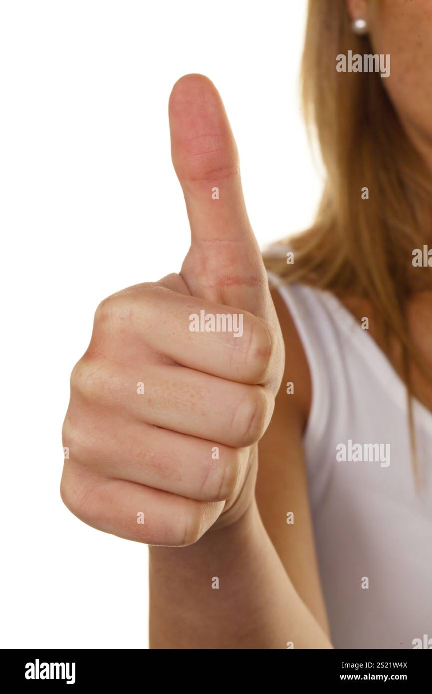 Woman points thumb over hi-res stock photography and images - Alamy