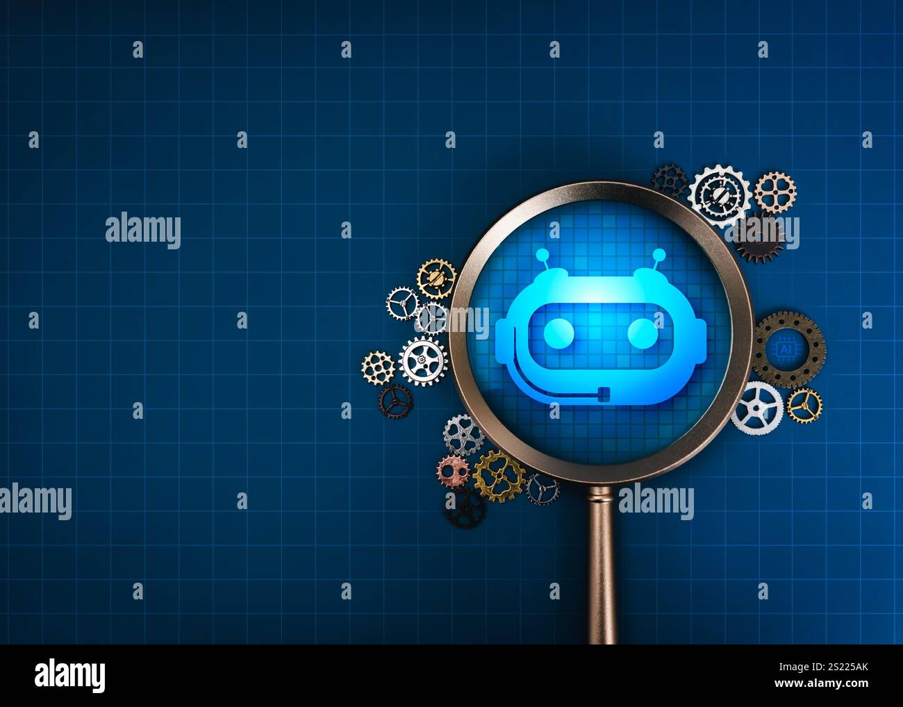 AI searching management tools, development technology assistance service support concept. AI chat bot icon in magnifying glass lens with many gears co Stock Photo