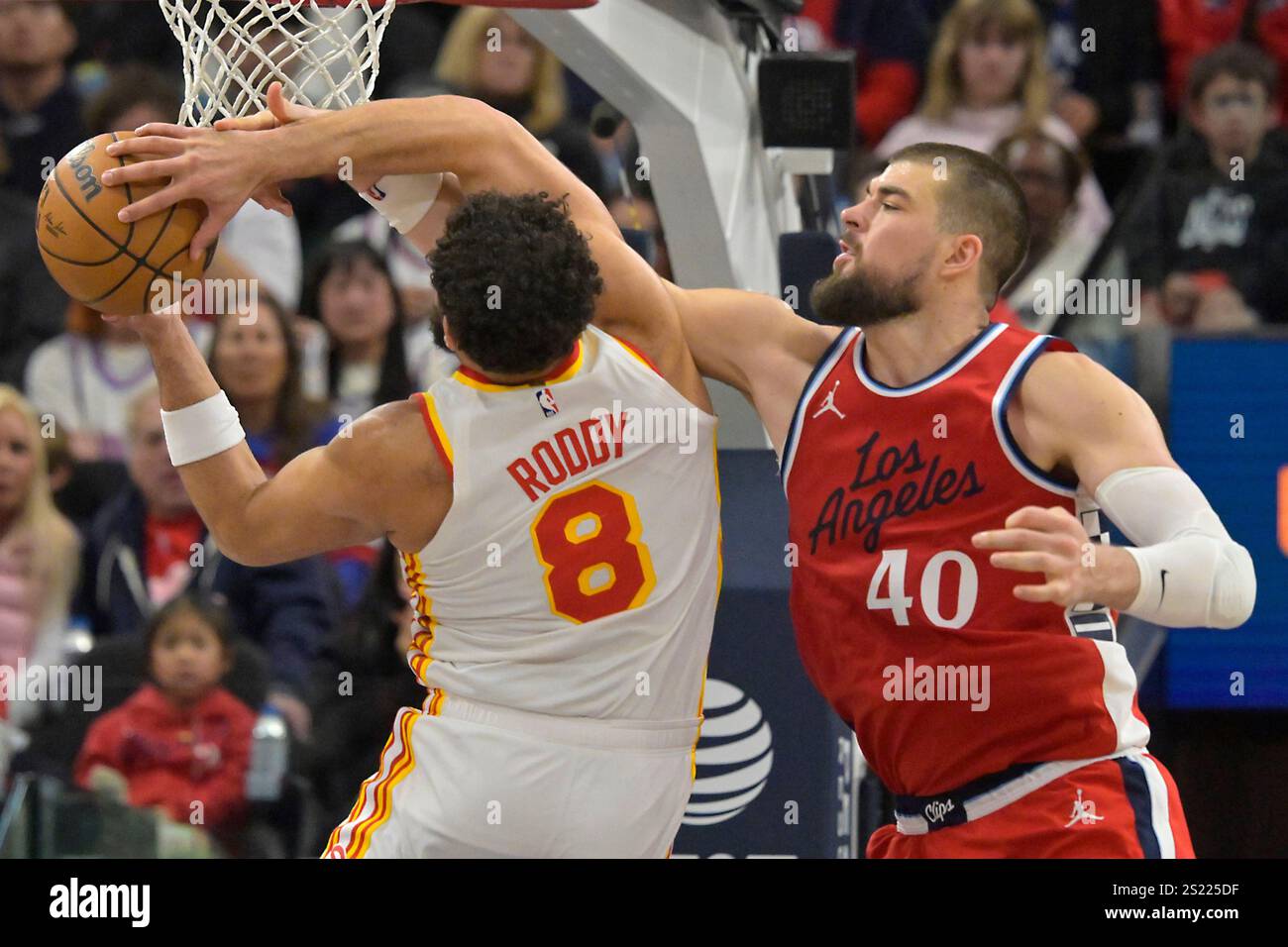 Los Angeles Clippers center Ivica Zubac (40) blocks a shot by Atlanta
