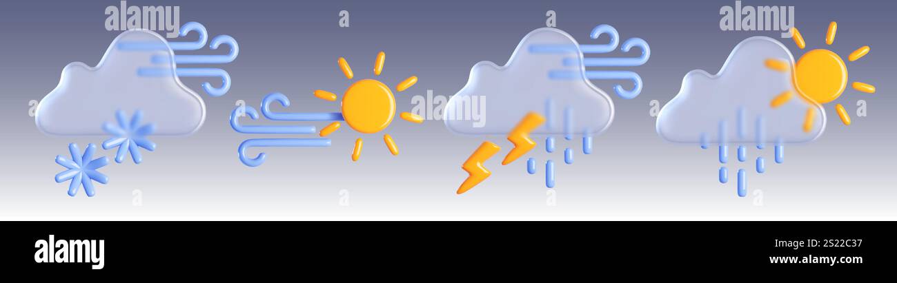 Modern weather forecast symbols in 3d - snowfall with wind, sun with breeze, thunderstorm with lightning and rain drops, drizzle from cloud under bright sunlight. Realistic vector atmospheric elements Stock Vector