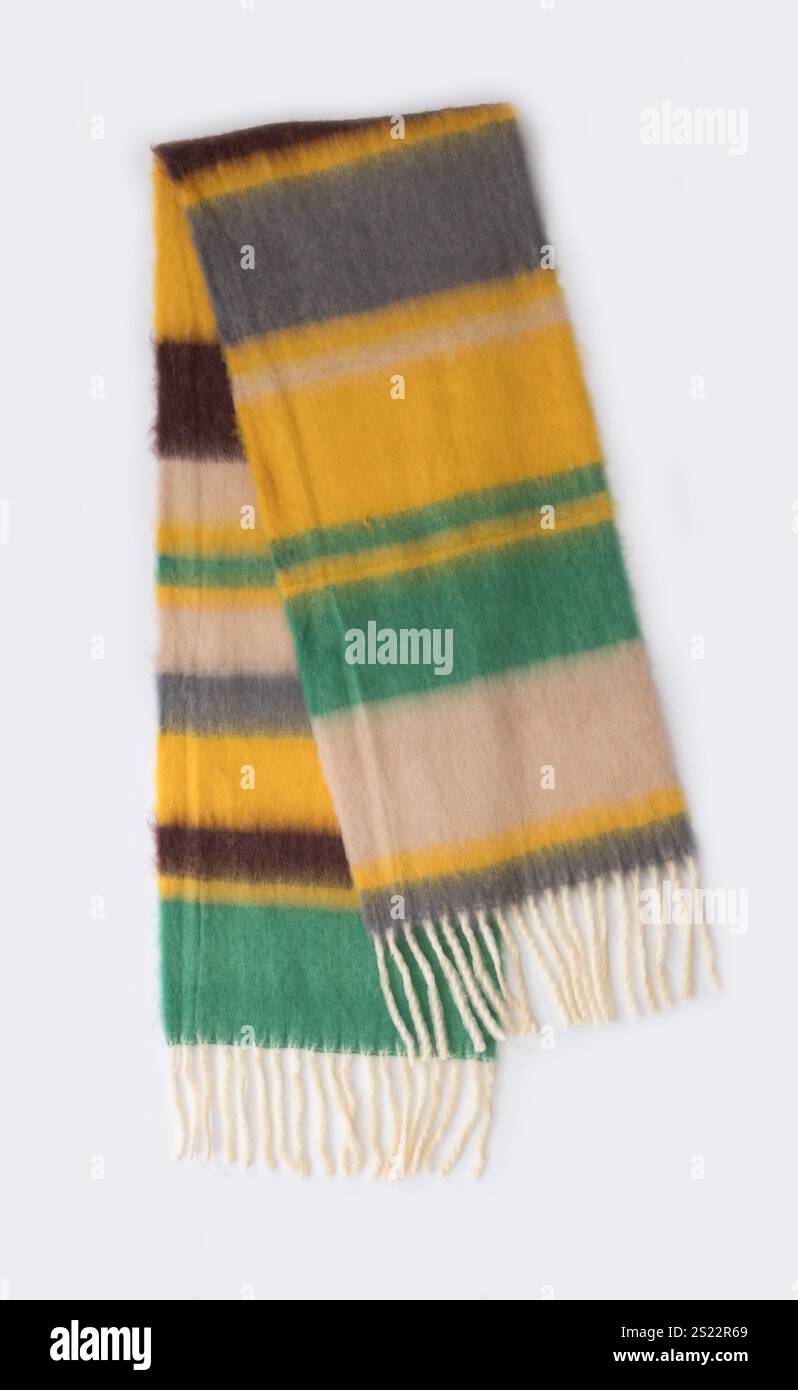 Fluffy long striped multicolor stole isolated on white background Stock Photo